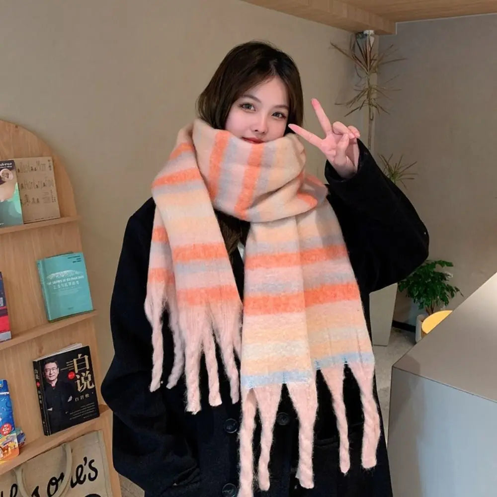 New Warm Winter Cashmere Scarf Stripe Pattern Mohair Long Tassel Scarves Plaid Soft Thickened Shawl Wrap Women | Kimlud...