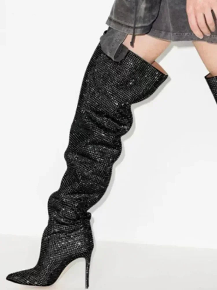 2025Women's New European and American Fashion Show Starry Sky High-heeled Rhinestone Pointed Nightclub Four Seasons Boots