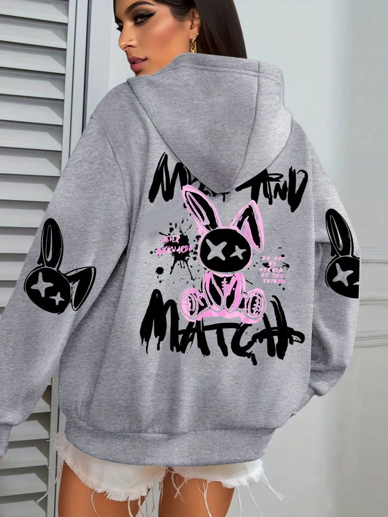 Mix And Match Cartoon Rabbit Prints Women Hoodie Pocket Streetwear Harajuku Loose Hoody All-Match Fleece Female Clothing