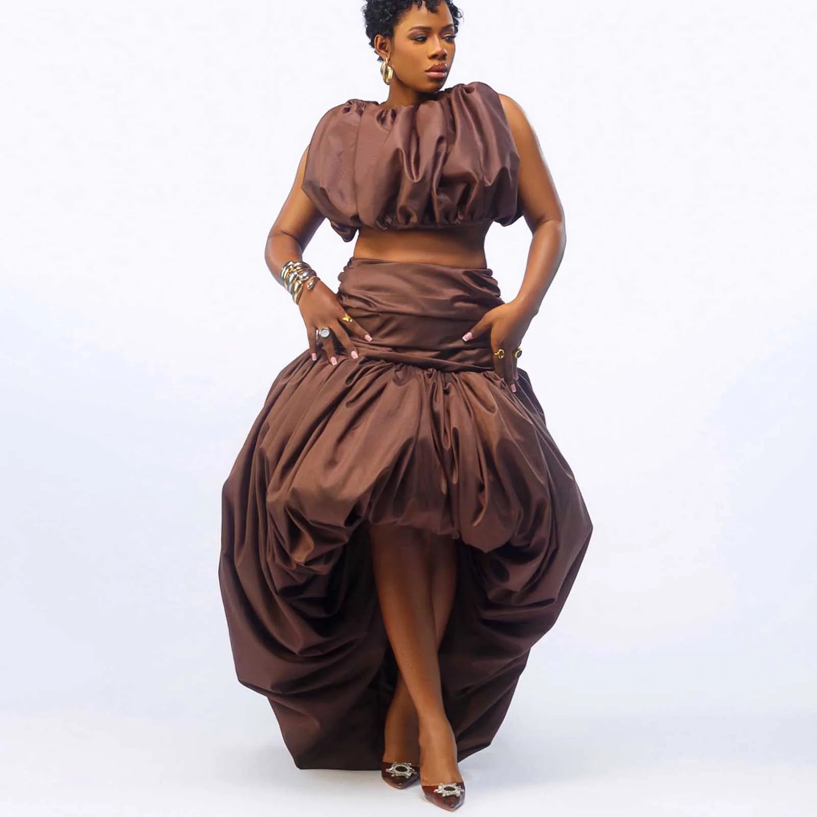 Custom Brown High Low Skirt African Pleated Satin Evening Party Skirts Coco Ruffles Bubble Skirt Aso Ebi Style Birthday Skirt