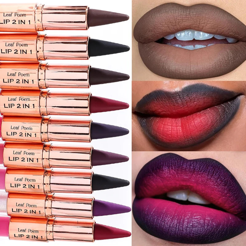 Sexy Red Black Lipstick Waterproof Lipliner Makeup Black Purple Rose Double Head Matte Lipgloss Tapered Lip Liner...
