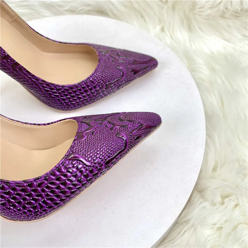 Luxury purple woman high heeled shoes shallow mouth pointed toe slip on unique shoes four season all game pattern snakes shoes - Kimlud