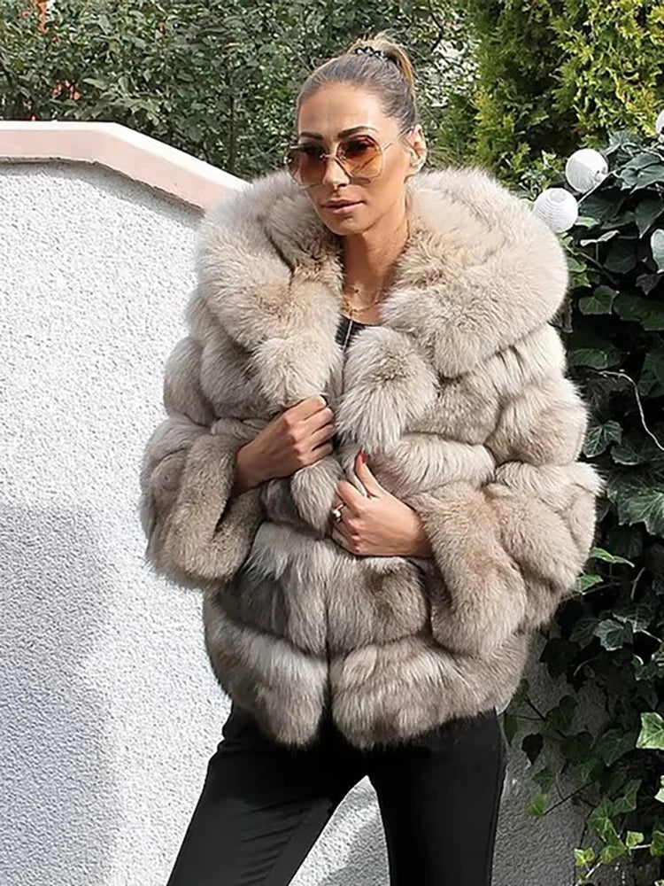 DEAT Fashion Imitation Fox Fur Grass Jacket Women's Hooded Loose Long Sleeves Patchwork Plush Thick Coat Winter New 7A975