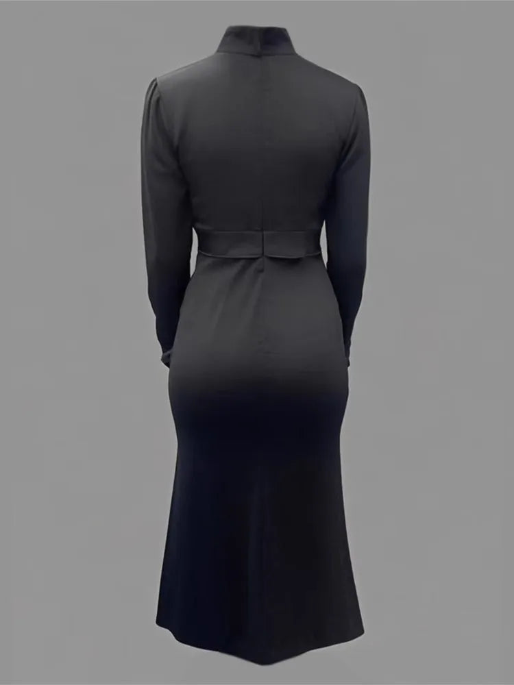 Women's New Formal Evening Dress Bow Tied Buttoned Long Sleeve Slim Long Dress 2026 Autumn Female Elegant Black Party Dresses