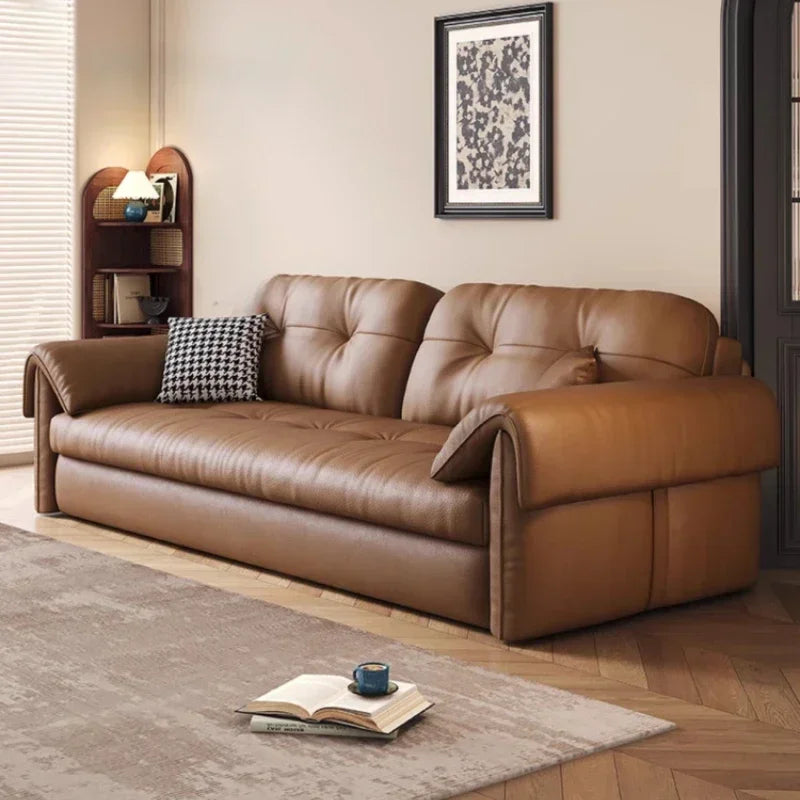 European Living Room Sofa Bed Brown Faux Leather Italian Modern Sleeper Double Couch Chaise Lounge Small Divano Letto...