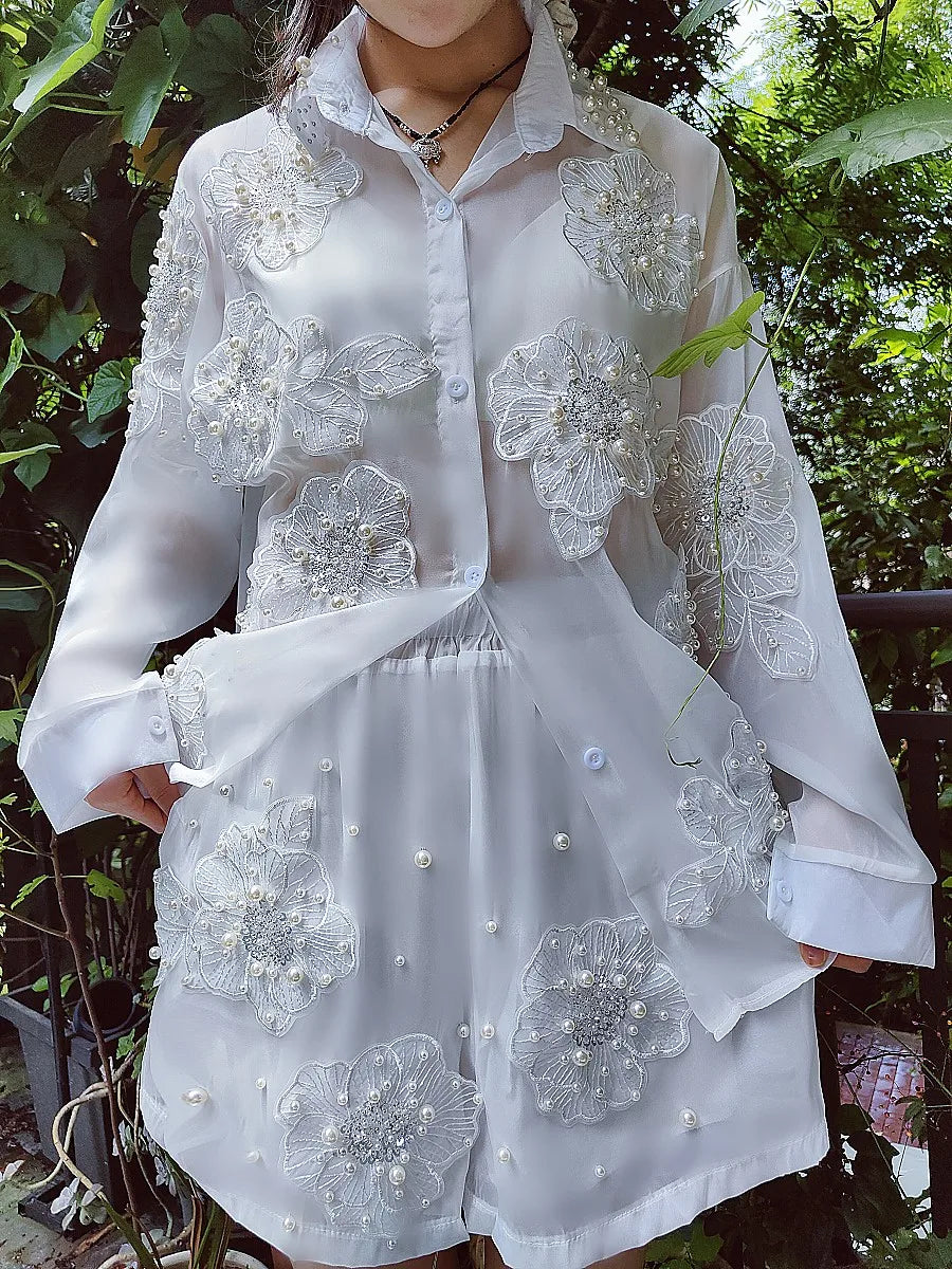 Fairy 3D Flowers Embroidery Sequined Chiffon Shirts Mesh Soliced Pearls Blouses Sunscreen Cardigan Tops+Elastic Shorts...