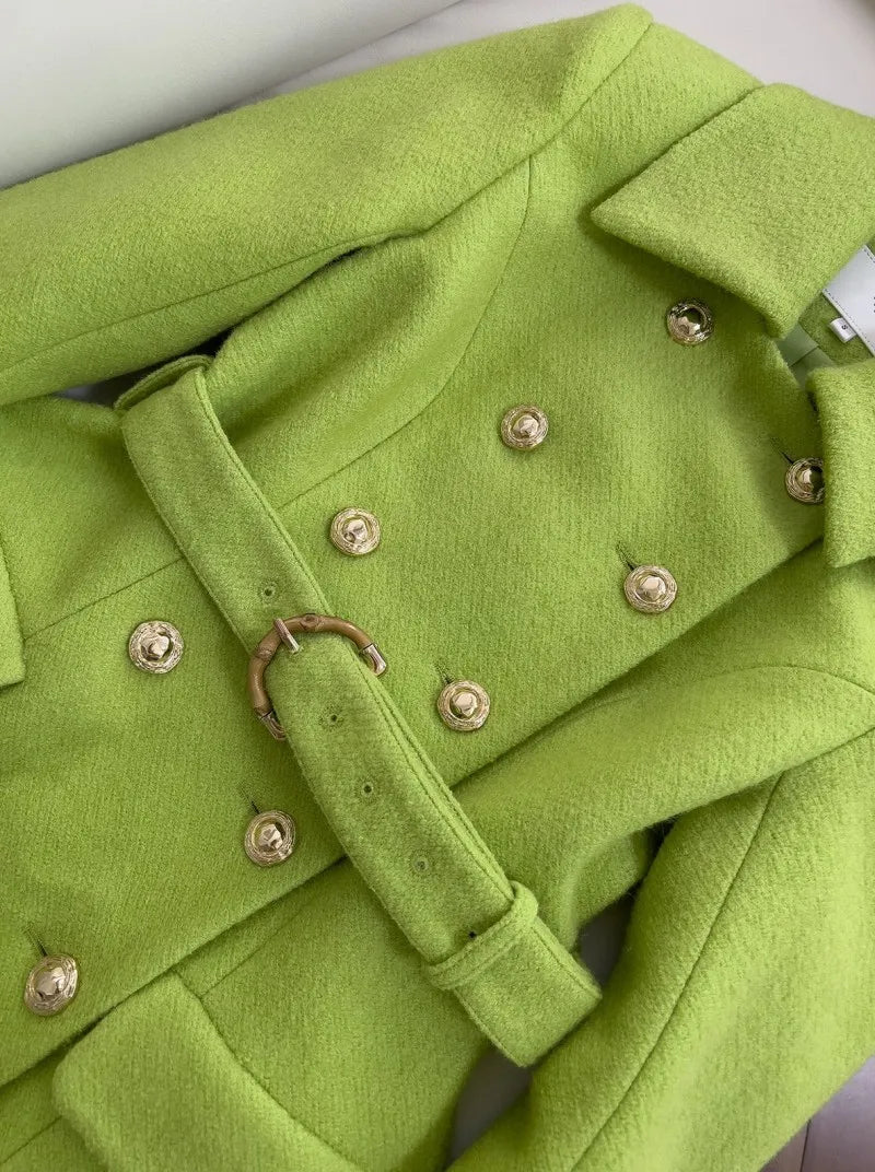 Women Elegant Double Breasted Coat Fashion Turn Down Sashes Collar Slim Fit Sashes Woolen Fabric Winter Lady Long Style Overcoat