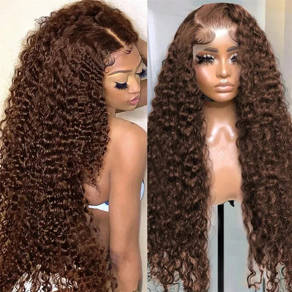 Chocolate Brown Deep Wave Lace Front Human Hair Wigs Transparent 13x4/13x6 Deep Curly Pre Plucked Human Hair Lace Frontal Wigs