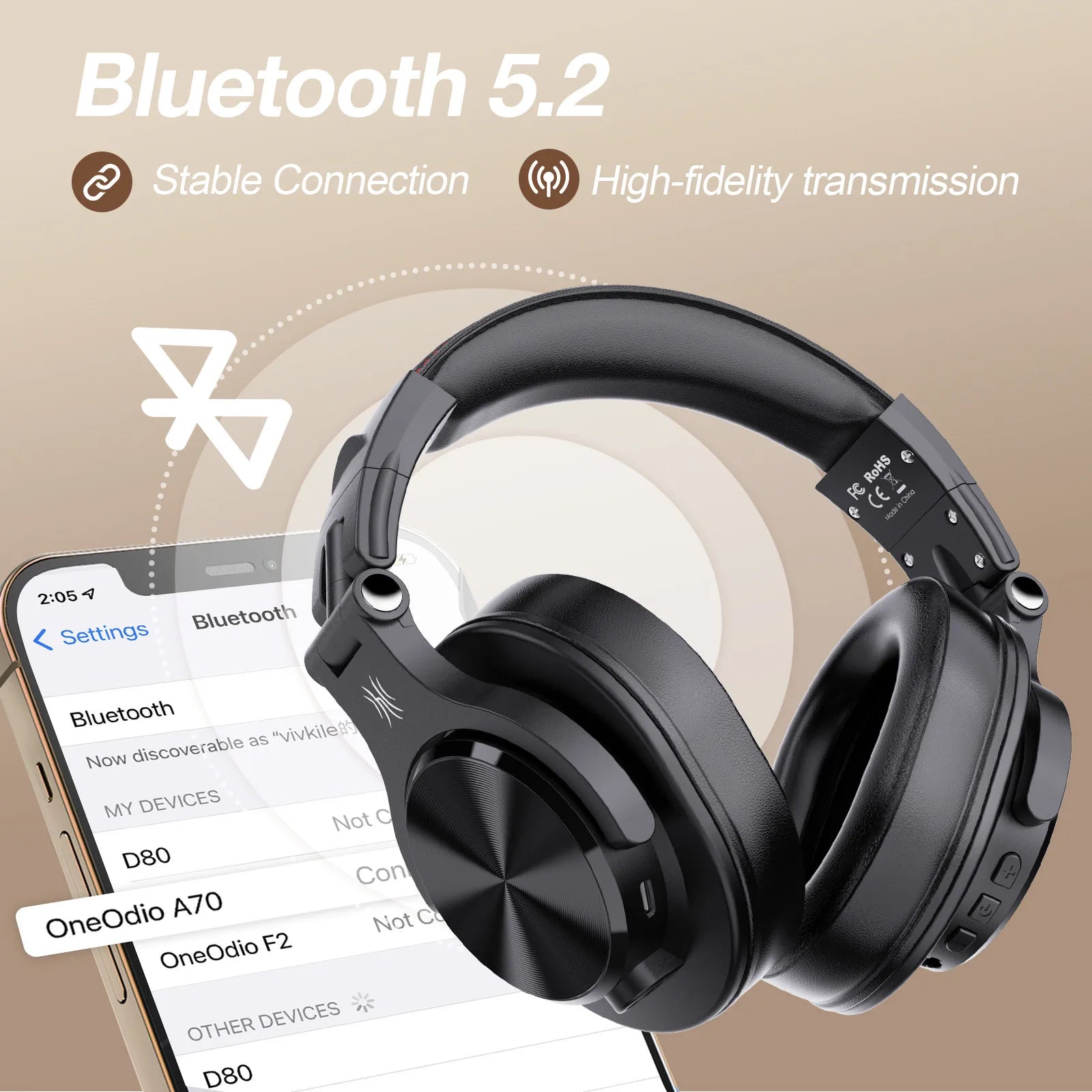 Oneodio Fusion A70 Wireless Bluetooth Headphones Bluetooth 5.2 Headphones Hi-Res Audio Over Ear 72H Playtime Professional Stud