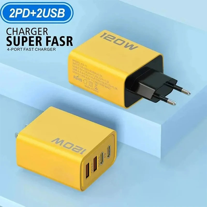 120W 4 Port Type C Fast Charging USB Phone Charger Adapter US EU Plug Charger For iPhone Xiaomi Huawei Quick Charge Wall Charger