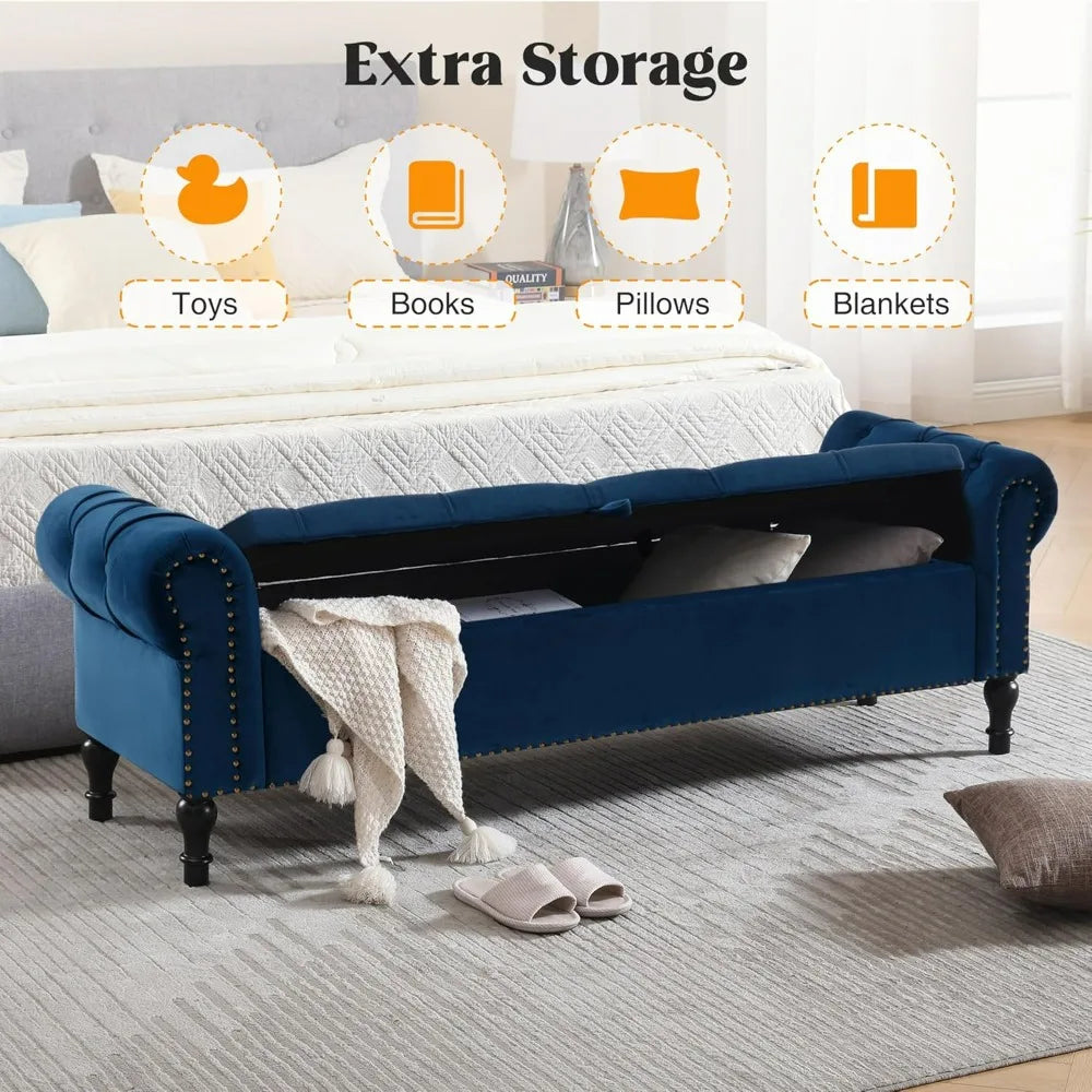 Velvet Storage Bench 67 Inch Upholstered Tufted Ottoman Bench with Arms Large Storage Space King Size End of Bed Bench
