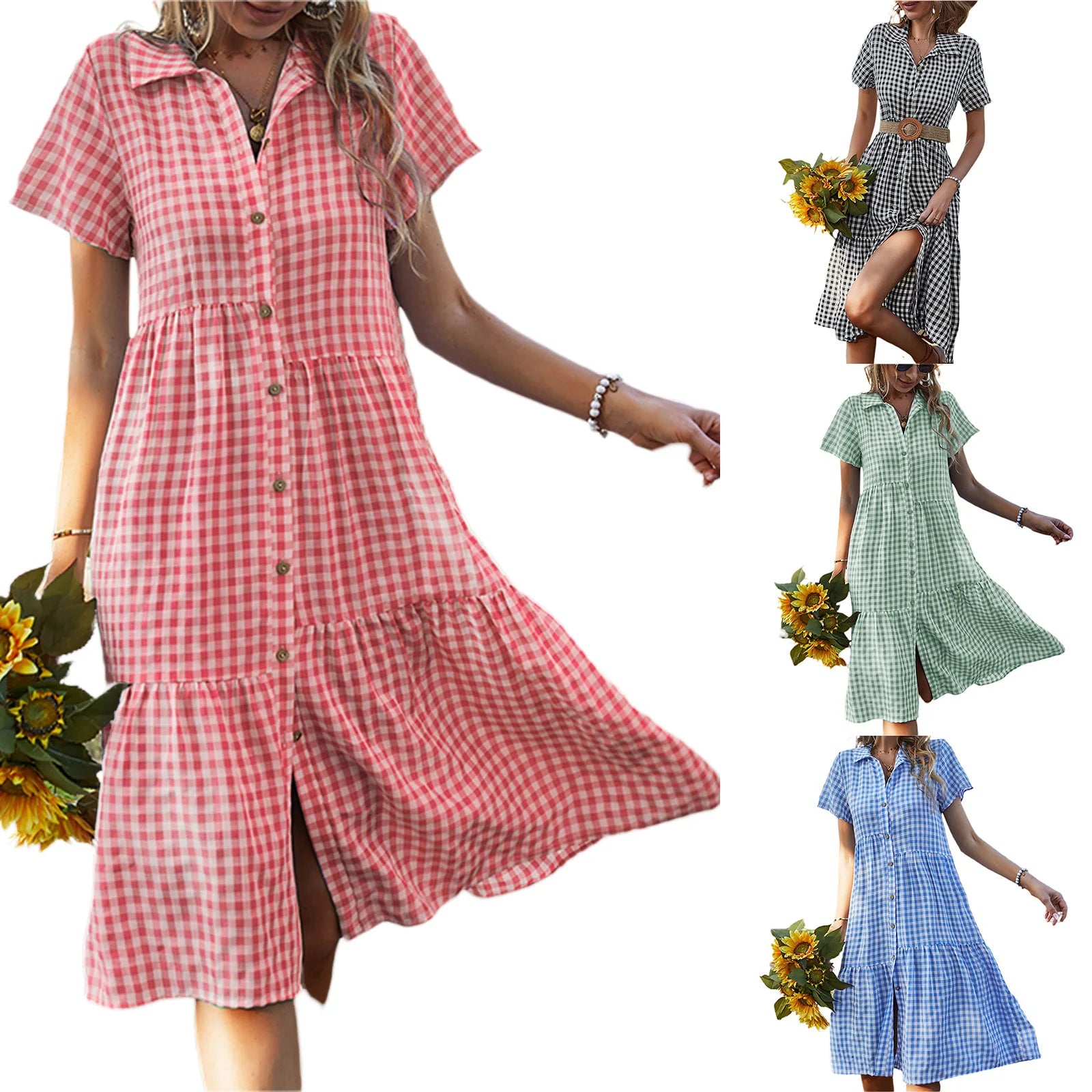 2026 Women's Checkered Short-Sleeve Shirtdress Single-breasted Button-down Short-sleeved Dress Casual Country-style Long...