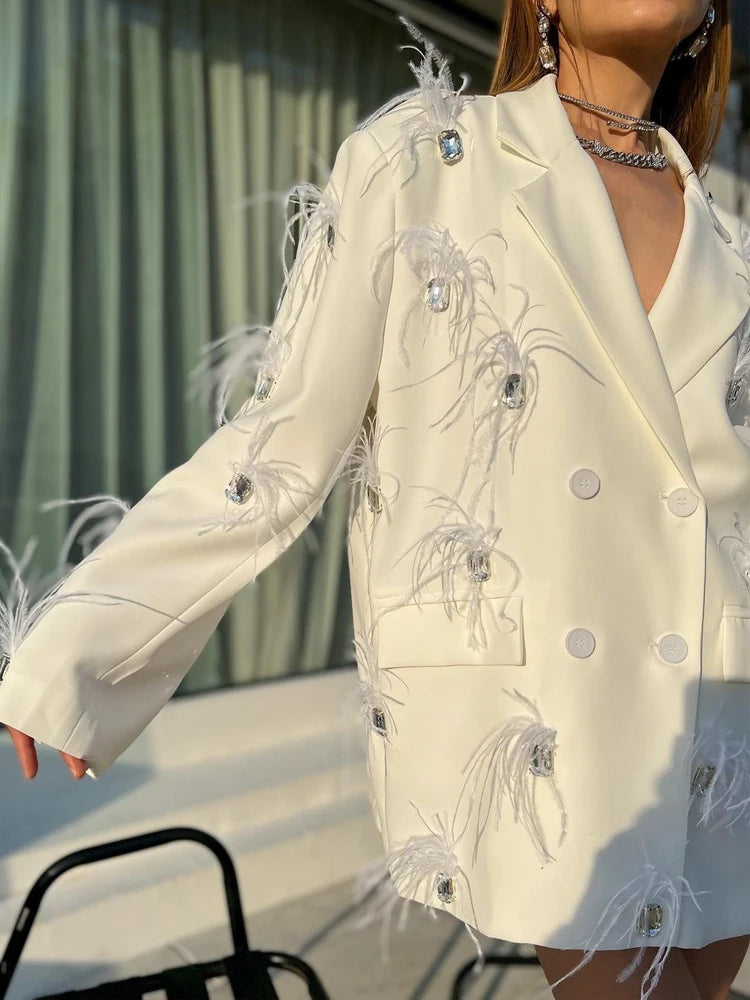 Luxury feather Faux diamond blazer Women 2025 New Double breasted rhinestones jacket High quality Loose Lady suit INKEO 4O089