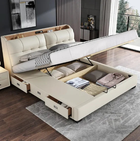 Pure White Nordic Style Oak Panel Queen Bed Frame Steel Frame Cama Modern Bed Queen Size Bed | Kimlud Luxury Bed