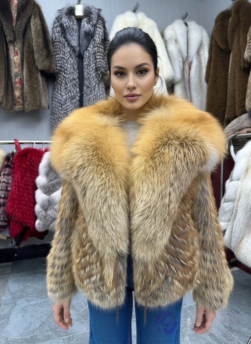 Lady's Natural Stripes Fox Fur Coat with Big Collar Spring Autumn Luxury Fashion Jacket