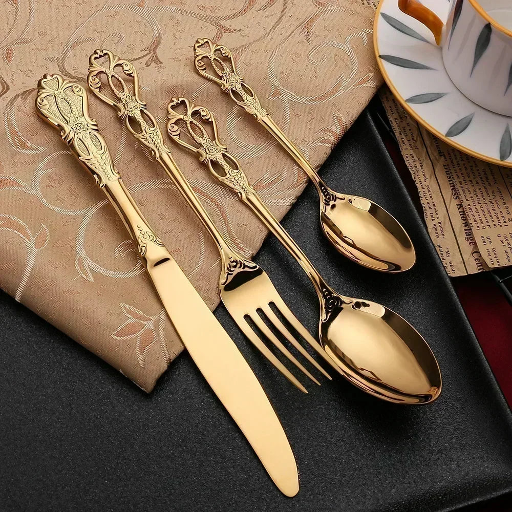 Golden Stainless Steel Cutlery Set Royal European Spoon Fork Complete Tableware Retro Design Dishwasher Safe Elegant...