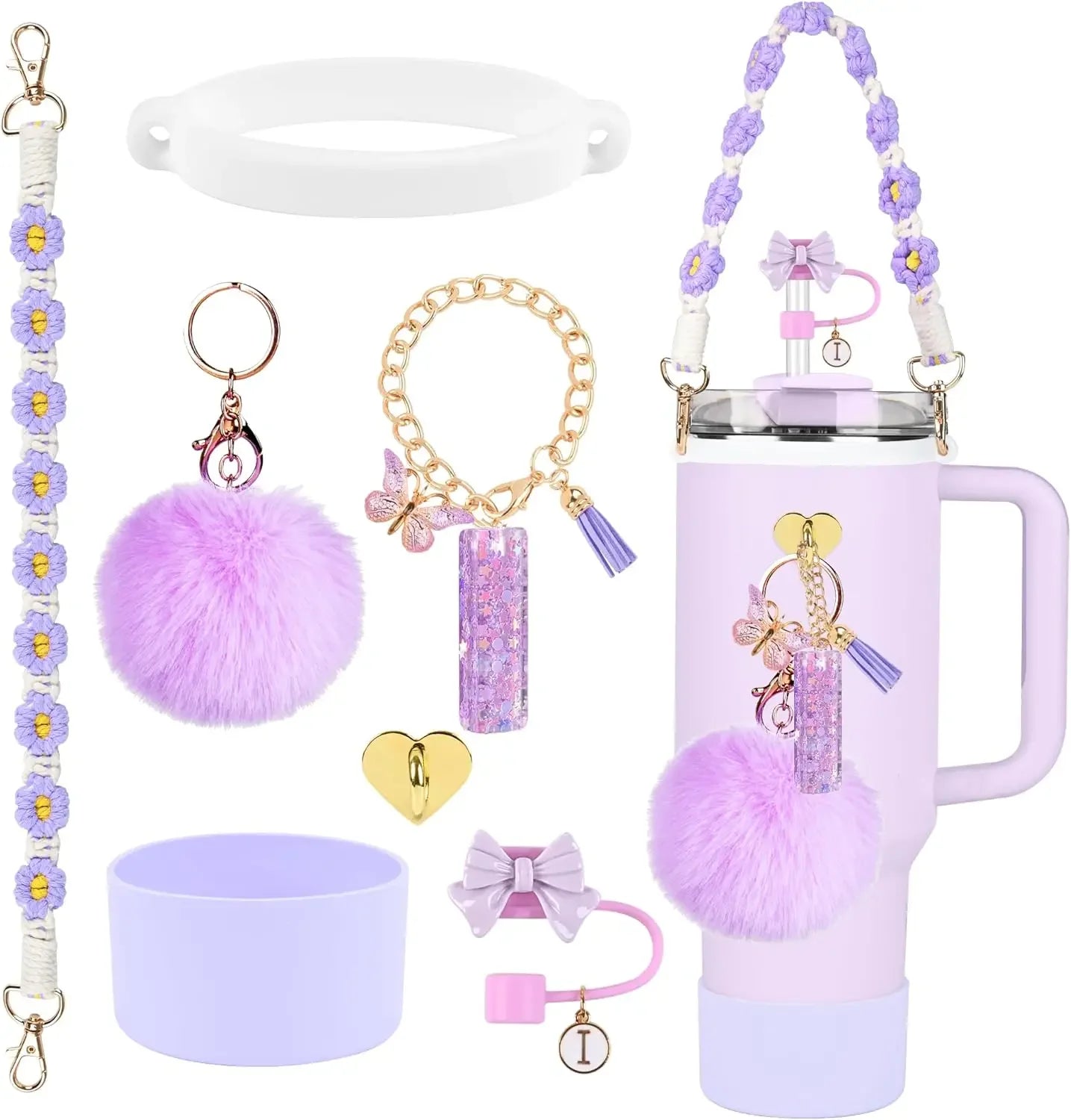 7PCS Accessories Set for Stanley Cup Purple Straw Topper Cup Boot Water Bottle Handle Strap Letter Charms 40oz 30oz Tumbler