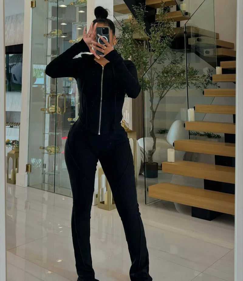 Splicing Lines Ribbed 2 Piece Set Women Tracksuits Long Sleeve Zipper Hooded Jackets Tops + Slit Flare Pants Slim Casual Suits