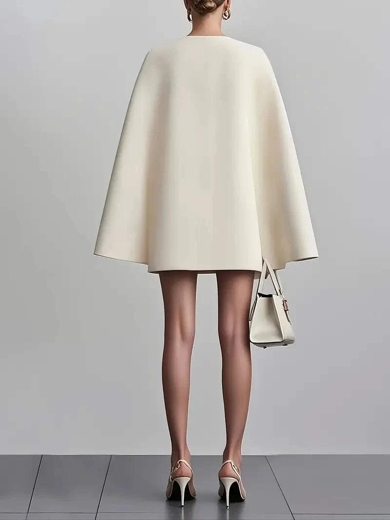 Women's Double Breasted Shawl Cape Suit Dress - Solid Color V-Neck Mini Dress with Open Back Sleeves | Kimlud Office...