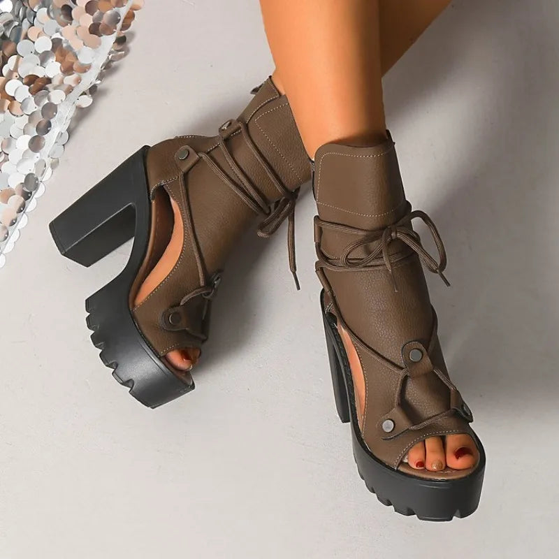 Women's Platform High Heel Ankle Boots Open Toe Lace Up Sandals Textured Finish Chunky Block Heel Zipper Closure Fashion...