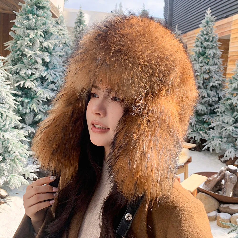 Natural Raccoon Fur Caps Russian Hat Unisex Trapper Fur Cap Aviator Trooper Winter Thickened And Warm Flaps Ski Hat Bomber Hats