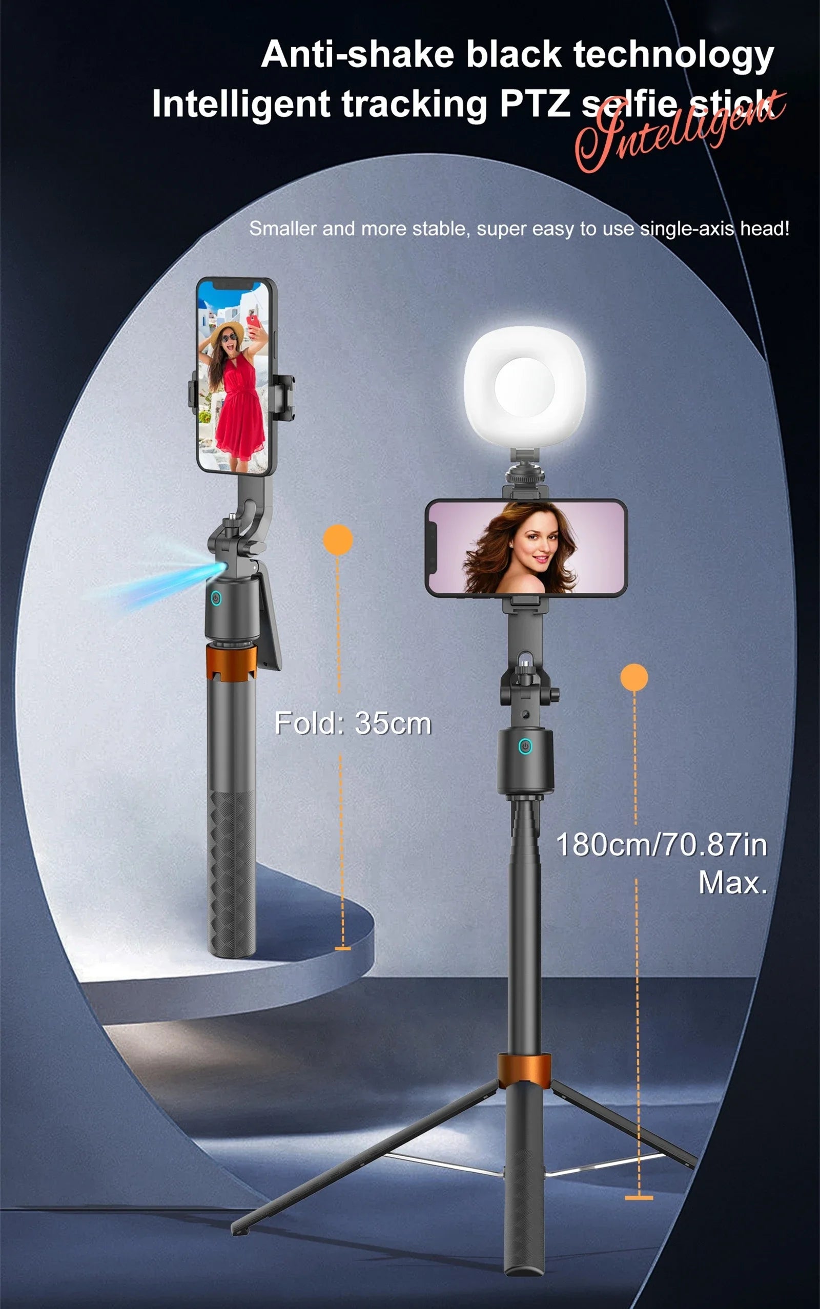 180cm70.9in Facial Tracking 360°Rotation Gimbals Stabilizer Selfie Stick Intelligent Phone Holder Tripod for Mobile Camera GoPro
