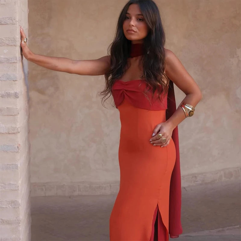 Women Color Blocking Scarf Collar Sling Dress Sexy Waist Cinching Split Bodycon Slim Fit Dresses 2026 Lady Highstreet...