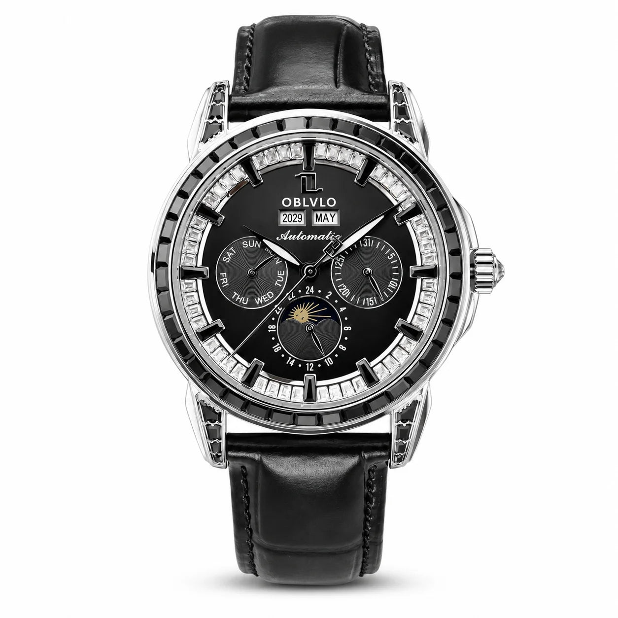 OBLVLO Men's Classic Watch with Colorful Diamonds Bezel Red Dial Mechanical Automatic Moonphase Multifunction Leather Strap GCM-MUT