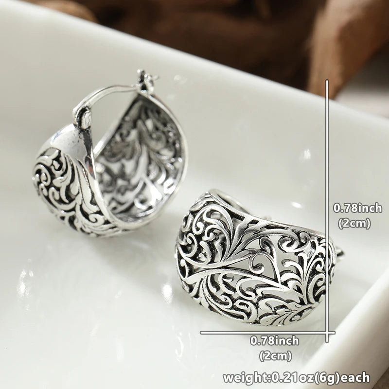 Ethnic Style Artistic Hollowed Curly Vine Silvery Hoop Earrings for Women Vintage Exquisite Banquet Vacation Jewelry Accessories