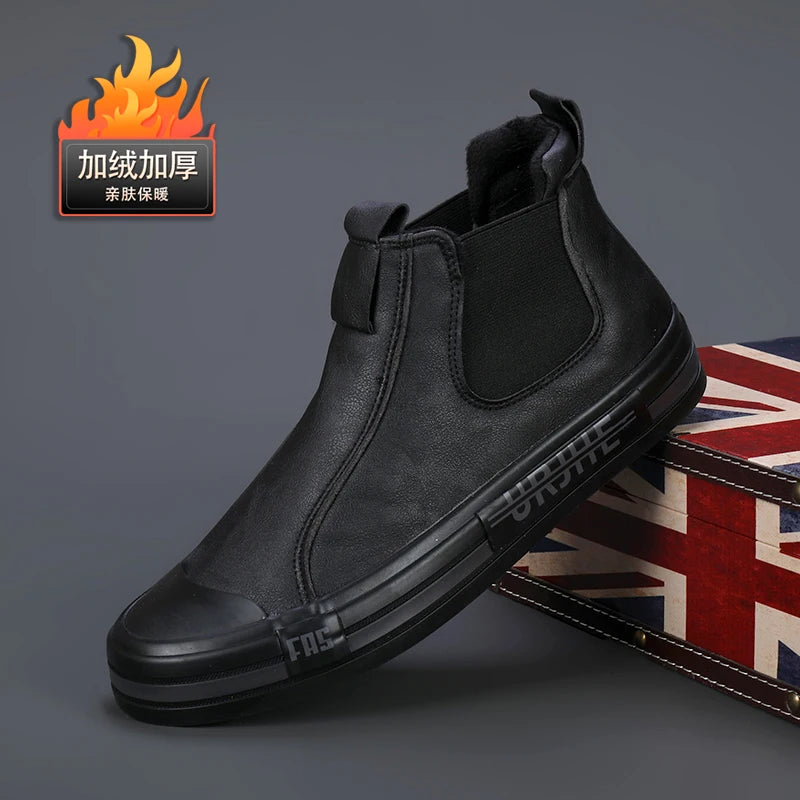 New Men's Leather Boots Korean Trend Comfortable Men Shoes British Fashion Mens High Top Sneakers New Moccasins Men 22811