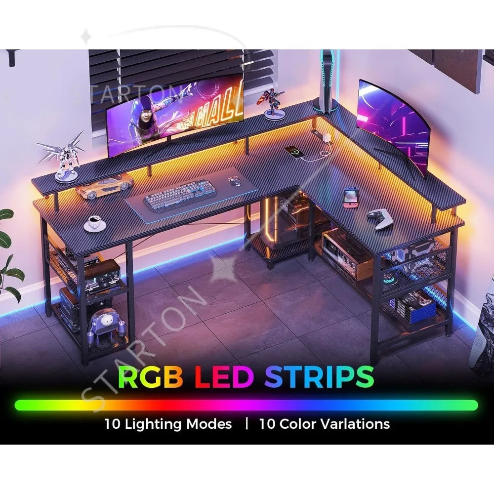 66" L Shaped Gaming Desk with Power Outlet and LED Lights, PC Gaming Table with Carbon Fiber Texture