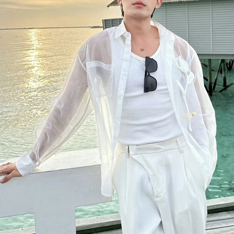 INCERUN Men Shirt Mesh Patchwork Transparent Lapel Long Sleeve Men Clothing Oversize Sexy 2025 Streetwear Unisex Shirts S-5XL