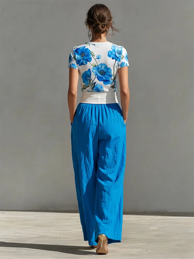Yeezzi Women's Elegant Blue Floral Printed Matching Tops 2026 New Short Sleeves Round-Neck Slim Fit Casual Summer...