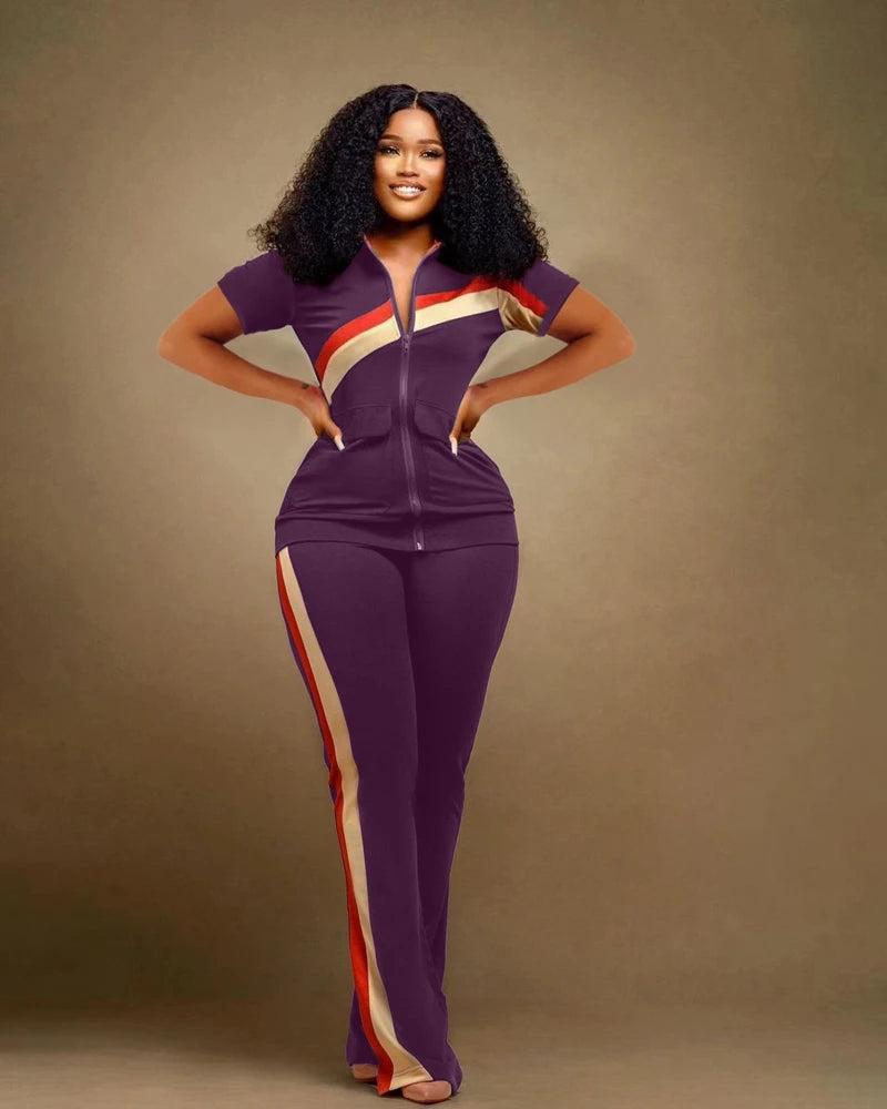 STYLISH LADY Patchwork Sporty 2 Piece Set Women Short Sleeve Zipper Jacket and Pant Suits 2025 Autumn Casual Fitness...