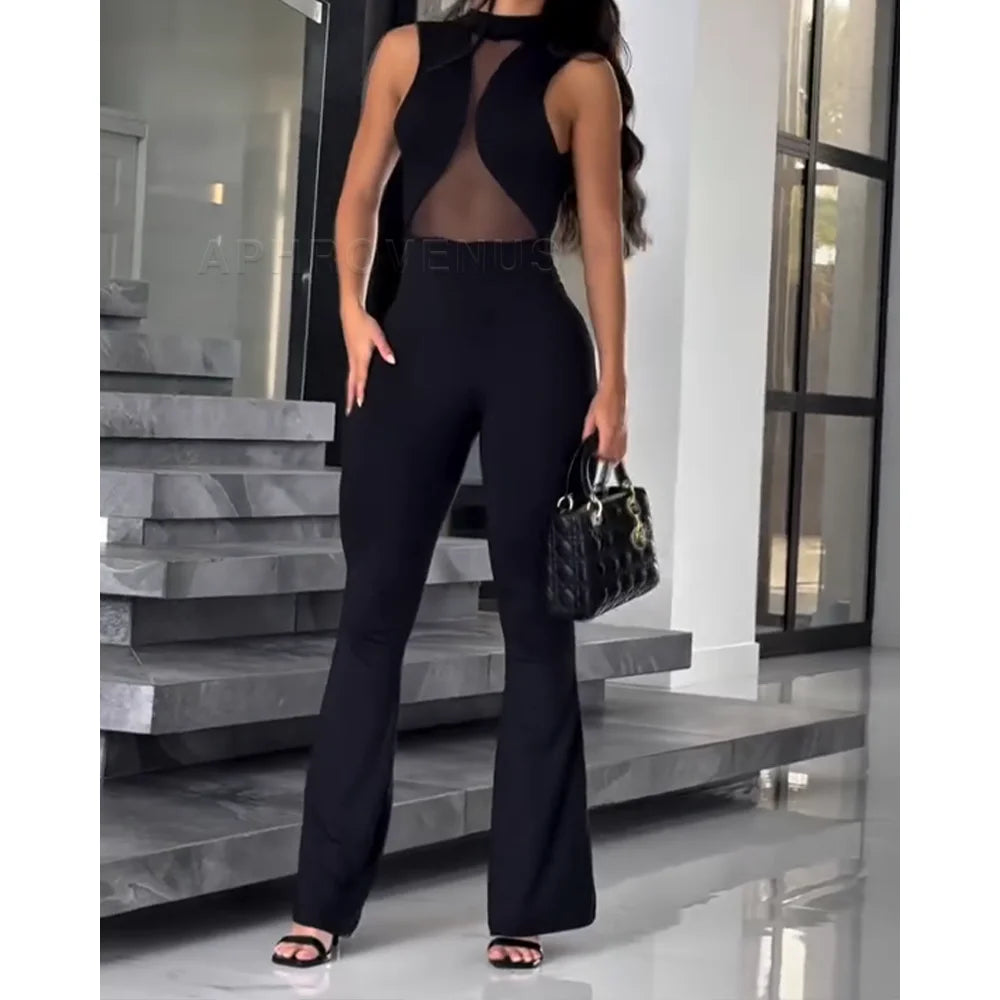 Sexy Women's Summer Mesh Hollow Out Jumpsuit Sleeveless Romper with Sheer Lace Panel High Waist Casual Wide Leg Pantsuit Outfit - Kimlud