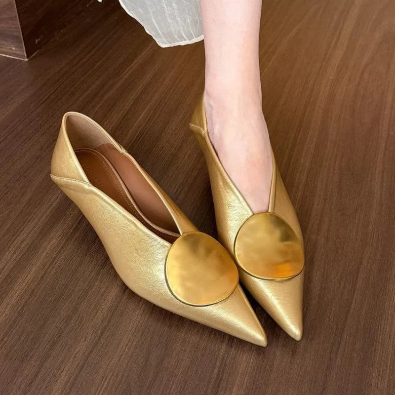 2025All-match Gold Pointed-toe Metal Buckle Single Shoes Women Wear Light-heeled Small Leather Shoes Twice in Summer