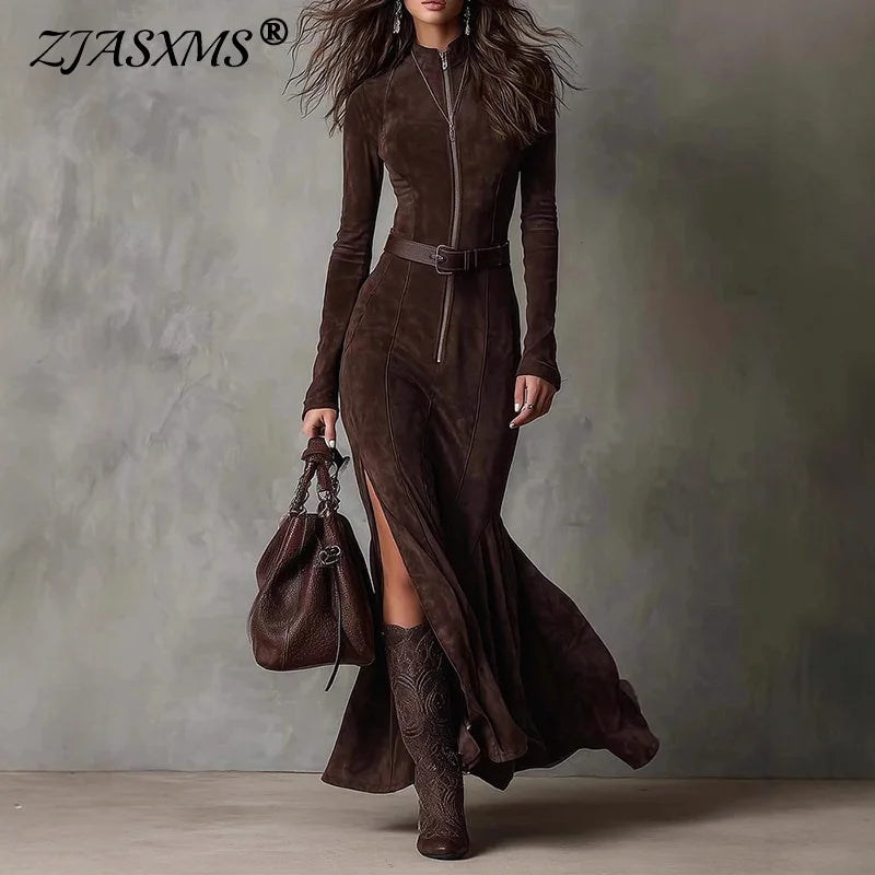 Autumn Long Sleeve Slim Bodycon Dress Woman Vintage Solid Zipper Mermaid Long Evening Dress Elegant O Neck Side Split Maxi Dress