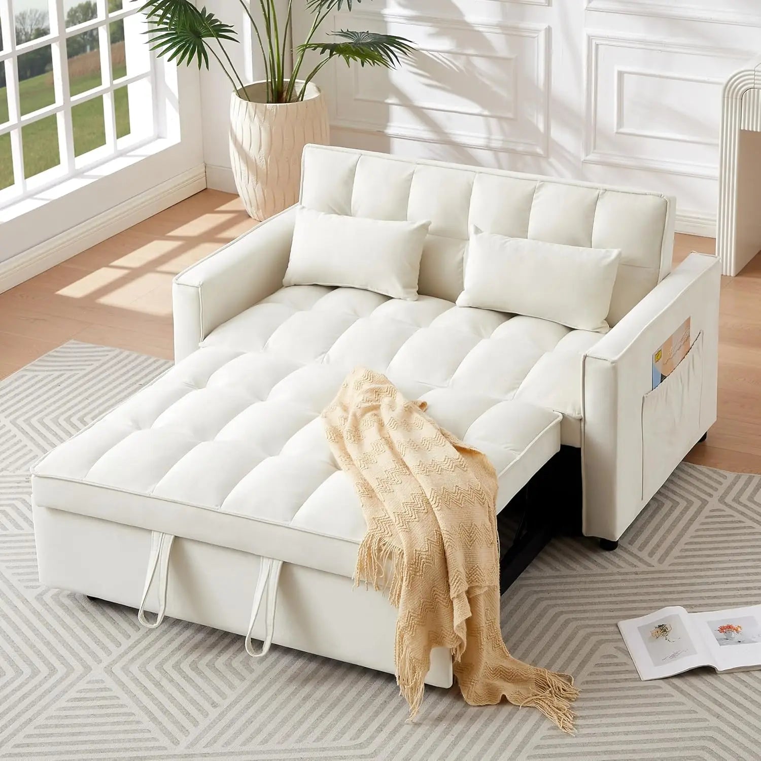 3-in-1 Convertible Sleeper Sofa Bed Adjustable Velvet Pull Out Loveseat Side Pocket Living Room Black Customized |...