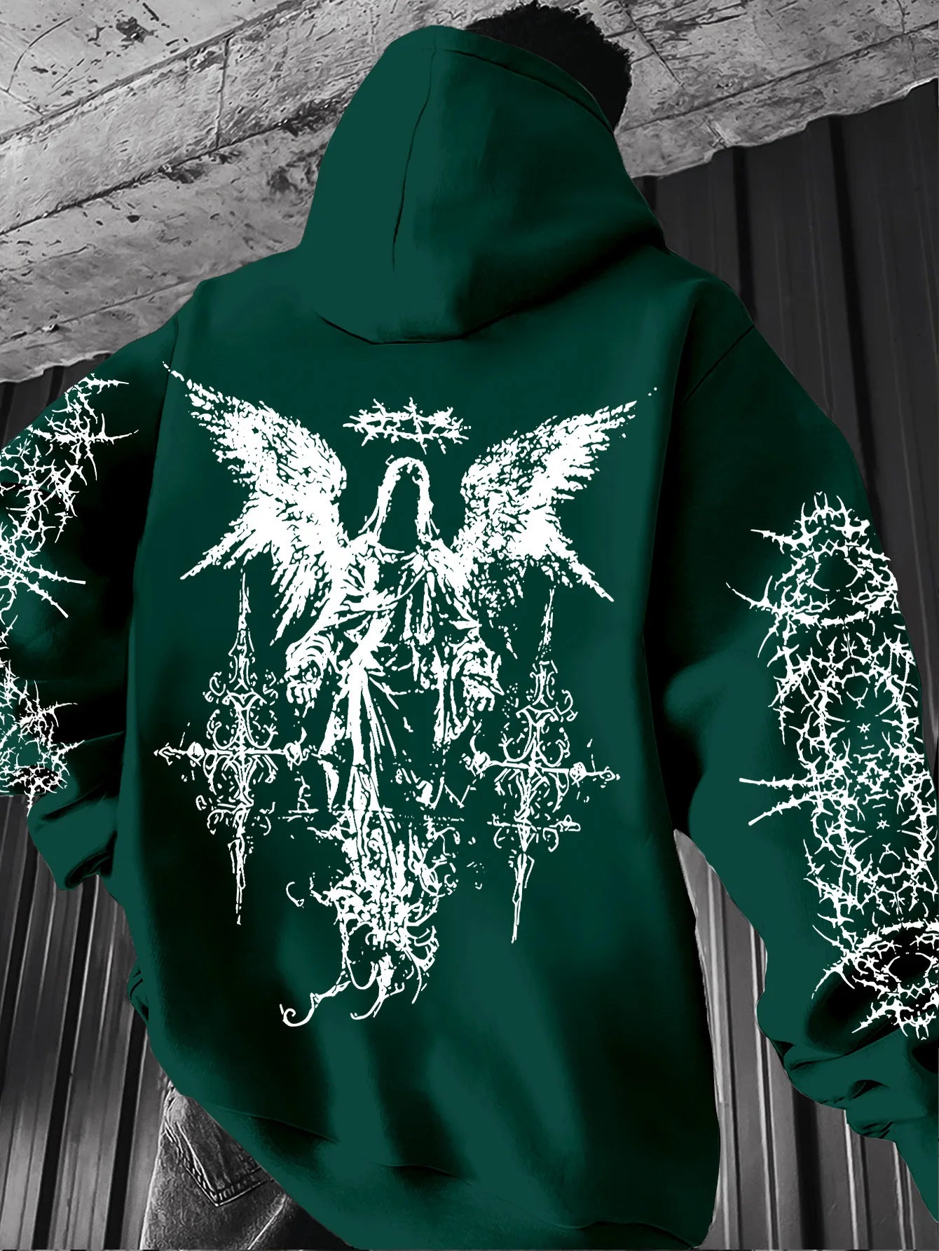 Men's Angel-themed graffiti thorn print streetwear hip-hop punk style hooded sweatshirt regular fit version sweatshirt hoodie