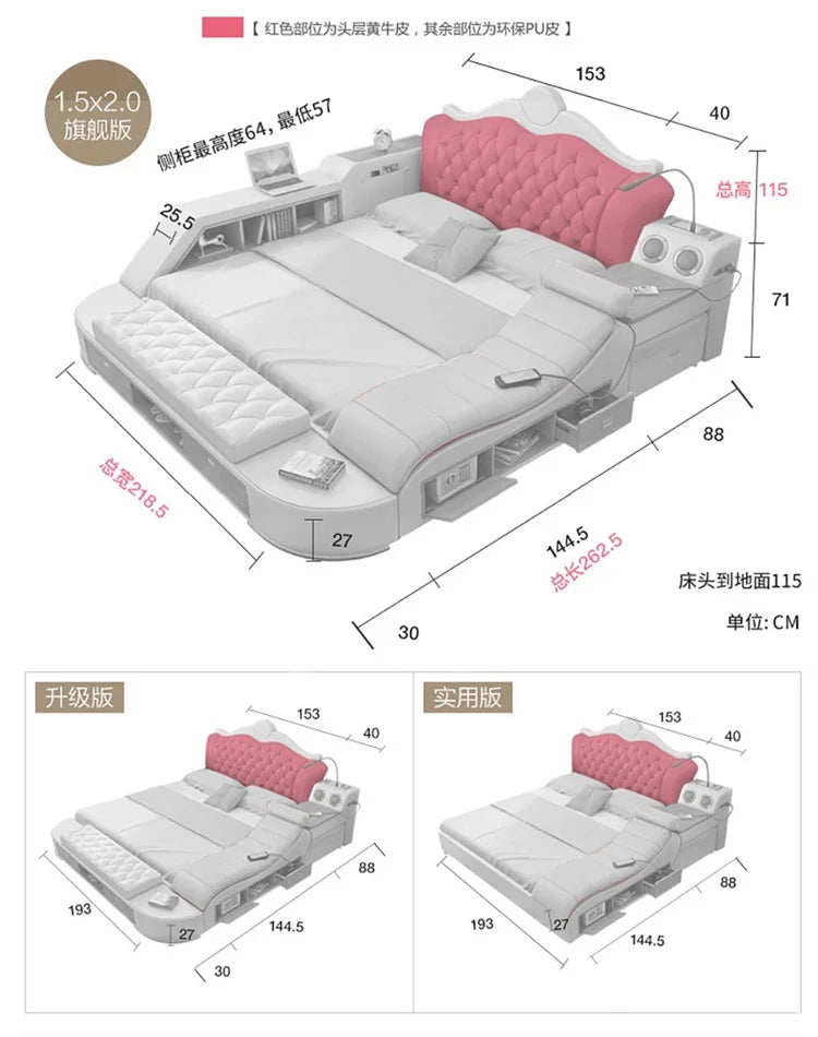 Headboard Storage Double Bed Queen Drawers King Size Smart Bed Luxury Princess Modern Letto Matrimoniale Bedroom...