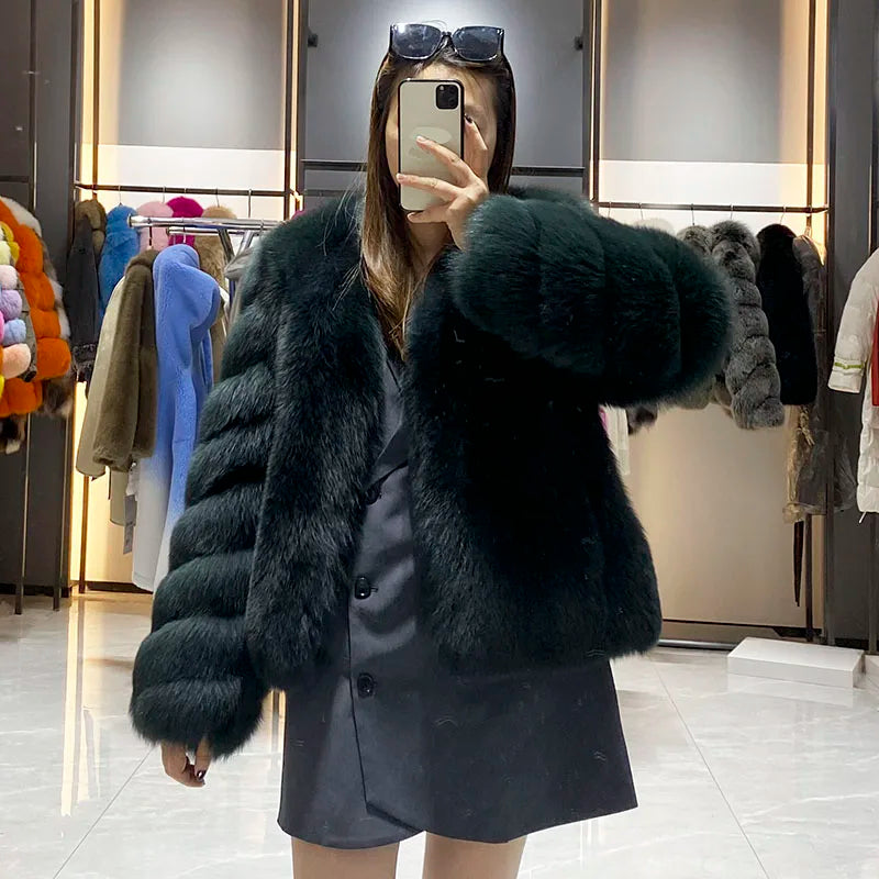 JANEFUR 2024 Thick Warm Real Fox Fur Coat Fashion Female V-neck Fox Fur Collar Coats Elegant luxury Lady Fur Outwear