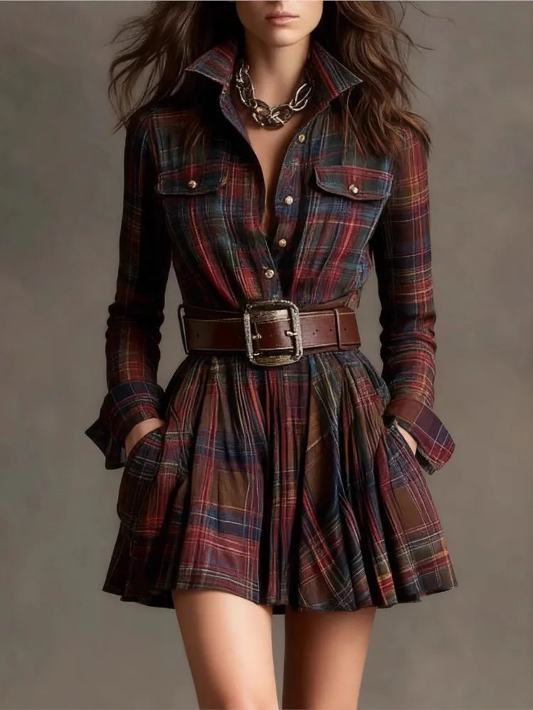 Spring Autumn New Style Temperament Commuting Women's Dress Fashionable Plaid Print Lapel Long Sleeve Belt Waist A-Line Dress