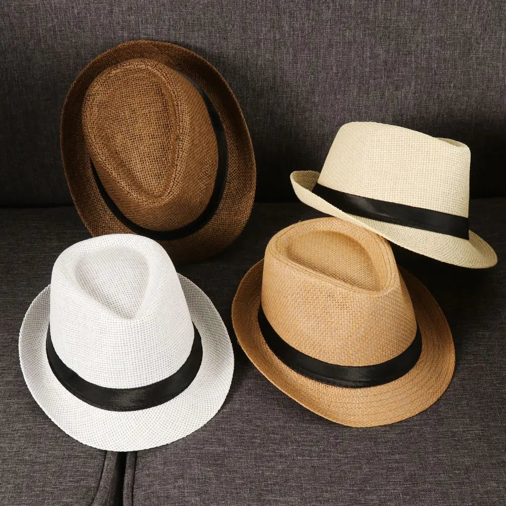 Unisex Fashion Beach Sun Cap Summer Wide Brim Straw Panama Cap Casual Jazz Dress Hat Cowboy Fedora Hat Gangster Cap