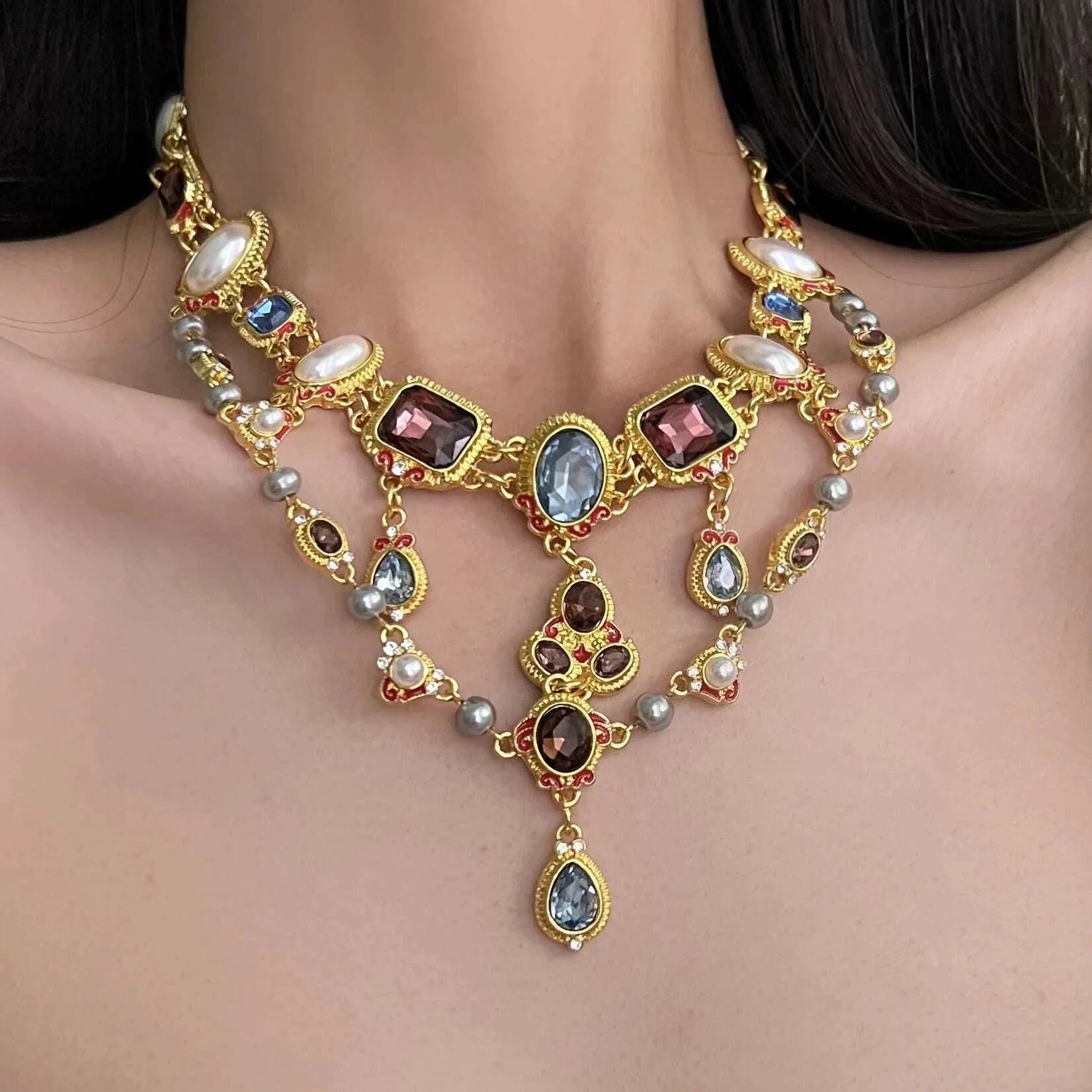 Crystal Inlaid Pearl Droplet Earrings Retro Design Collarbone Chain Fashion Temperament Jewelry Wholesale