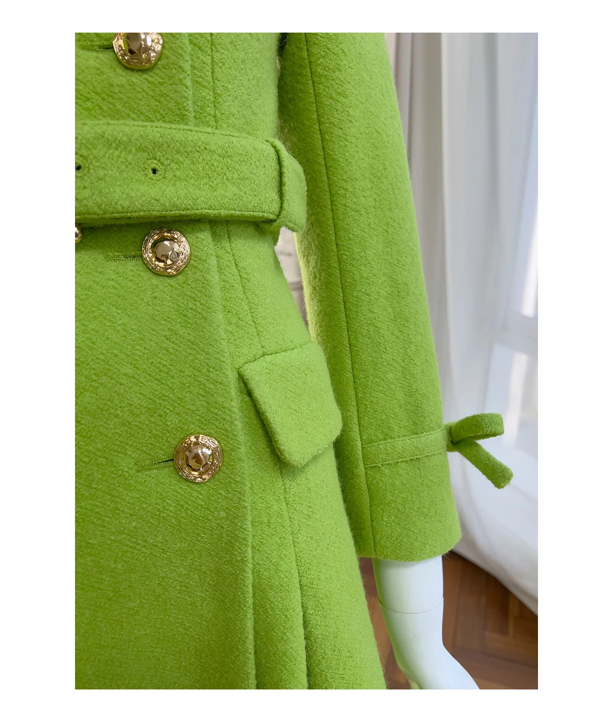 IEQJ Fashion Autumn Winter Green Woolen Coat Women Turn Down Collar Long Sleeves Double Breasted Sashes Slim Blends Coats New
