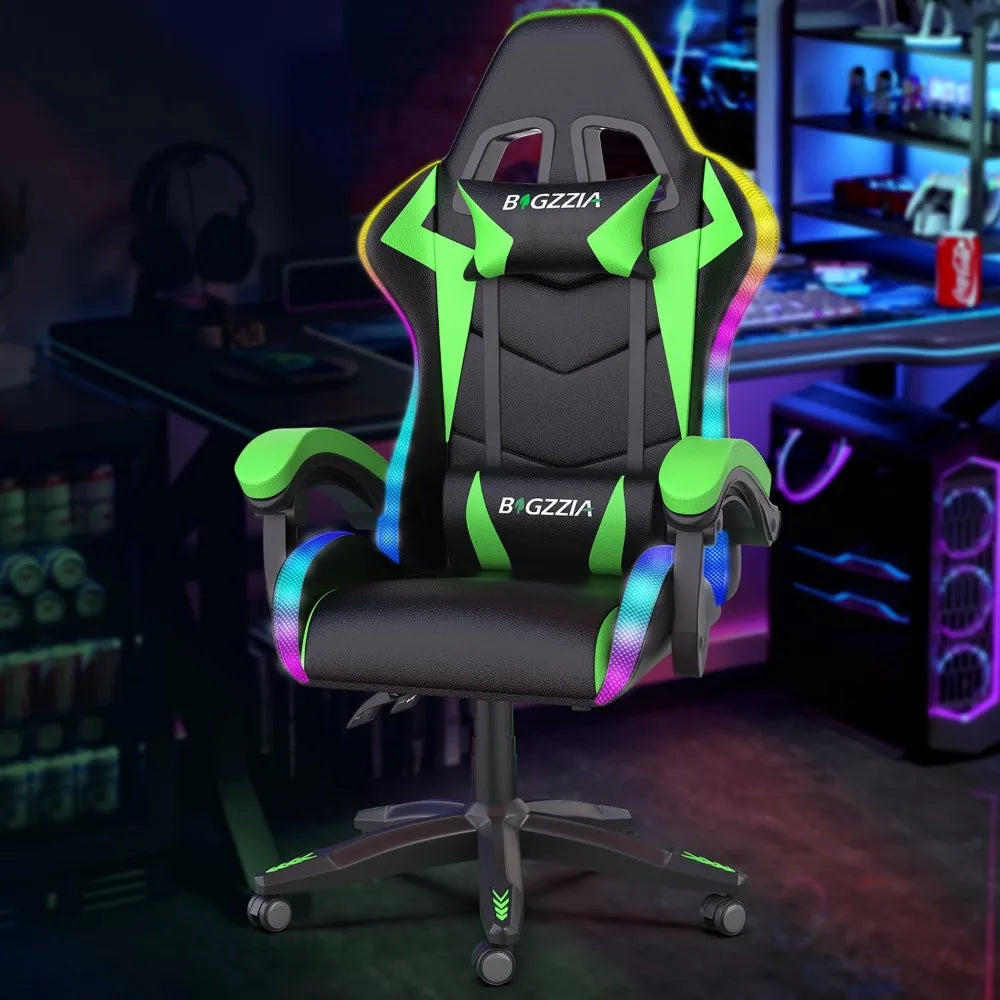 Equipped with RGB LED lights, ergonomic computer gaming chair with high backrest, headrests, and lumbar support