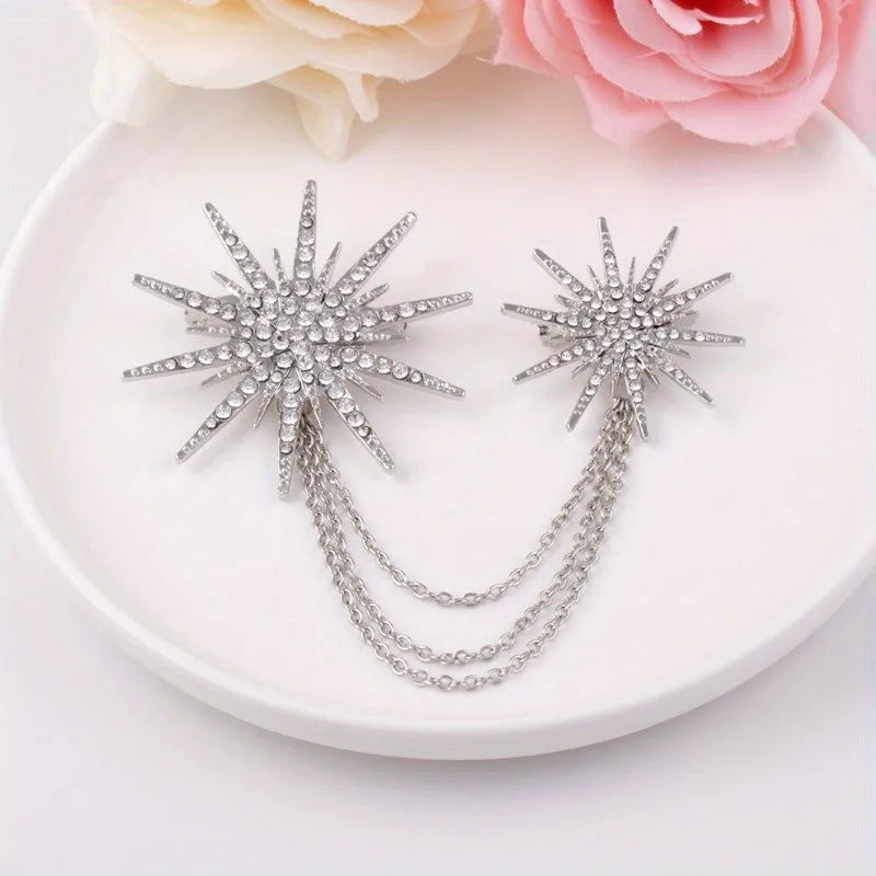 Vintage Fashion Black Crystal Sparkling Rhinestone Brooch Creative Lapel Pin Medieval Design Long Chain Brooches Autumn Winter
