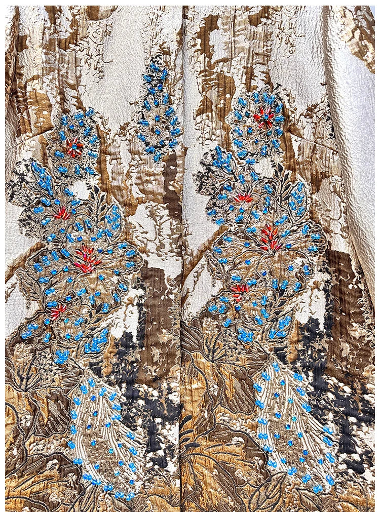 Luxury Jacquard Coat for Women Autumn Winter Vintage Gold Embroidery Beaded 3/4 Sleeve Loose Outerwear Elegant Retro Jacket