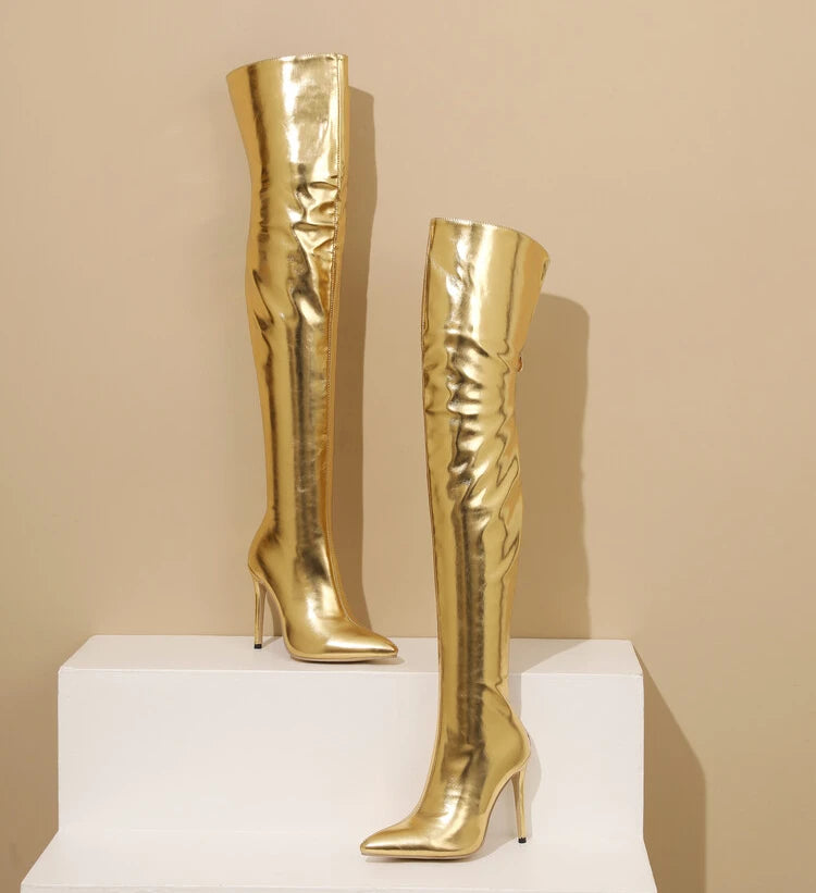 Sexy Silver Gold Rear Zipper Over Knee Boots Women's Pointed High Heels European and American Fashion Long Boots Big Size 34-43
