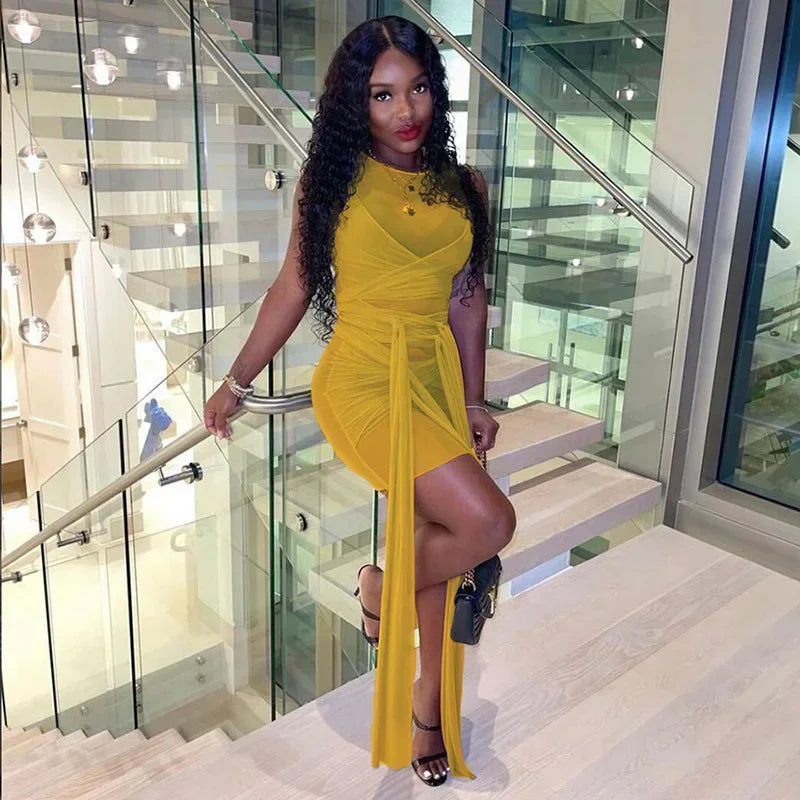 Bangniweigou Ribbon Wrap Up Draped Mesh See Through Bandage Dress Women Mummy Tie Up Bodycon High Waist Short Brown Dresses - Kimlud